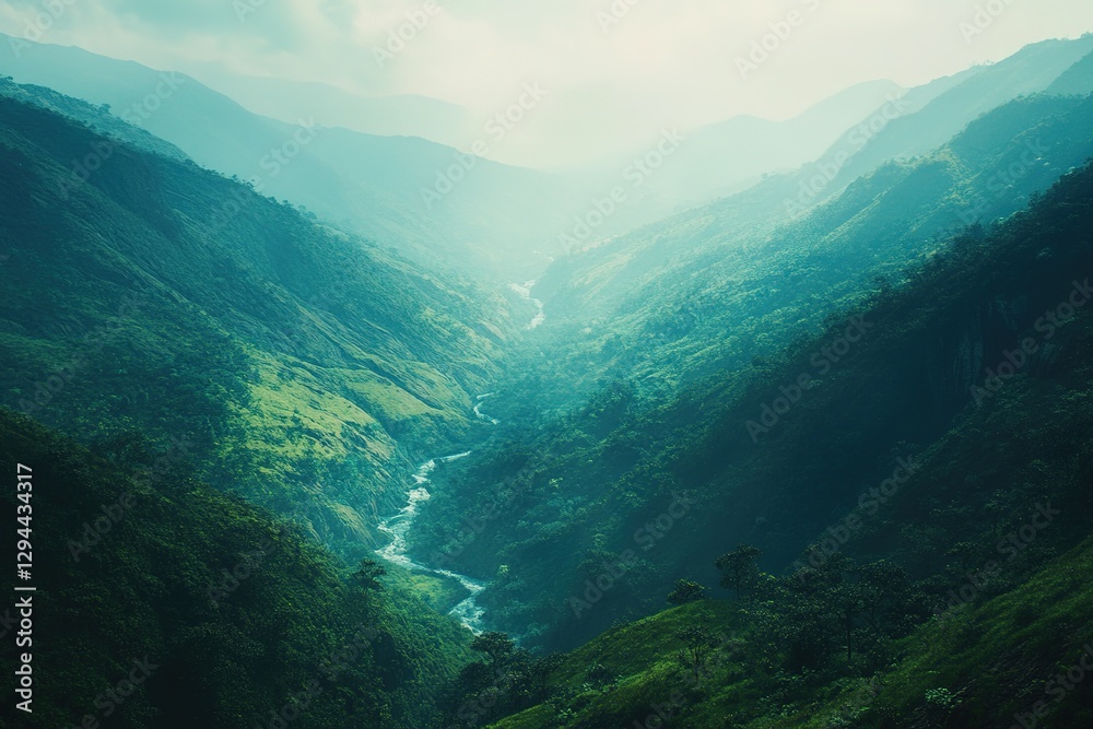 Lush valley with river running through mountains blanketed by mist and verdant forest Lush valley with river running through mountains blanketed by mist and verdant forest