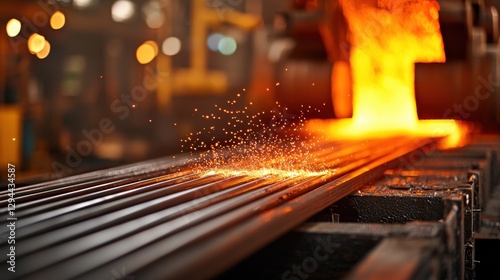 Steel rods processing in rolling mill industrial factory action shot vibrant environment close-up view metalworking concept