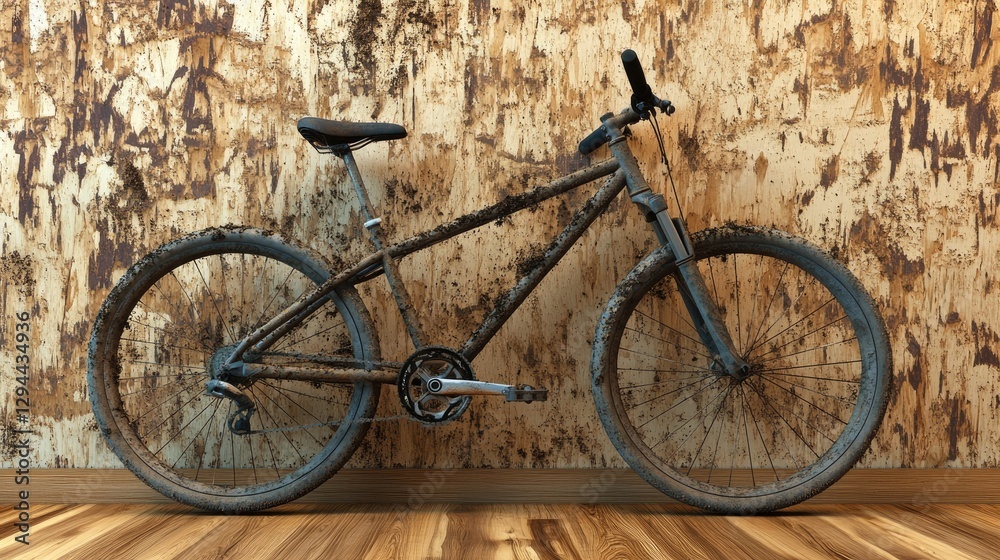 A mountain bike with dirt stains placed in front of a natural wood background A mountain bike with dirt stains placed in front of a natural wood background