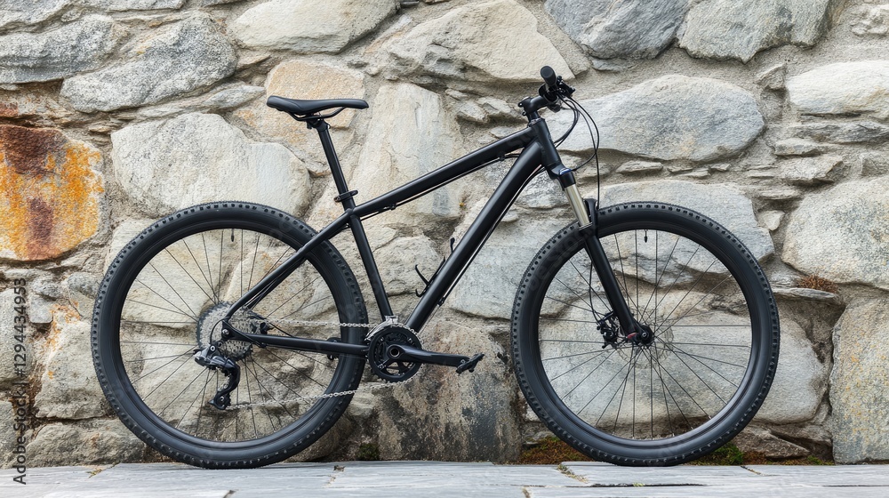 A mountain bike propped against a rugged stone wall with an industrial backdrop A mountain bike propped against a rugged stone wall with an industrial backdrop