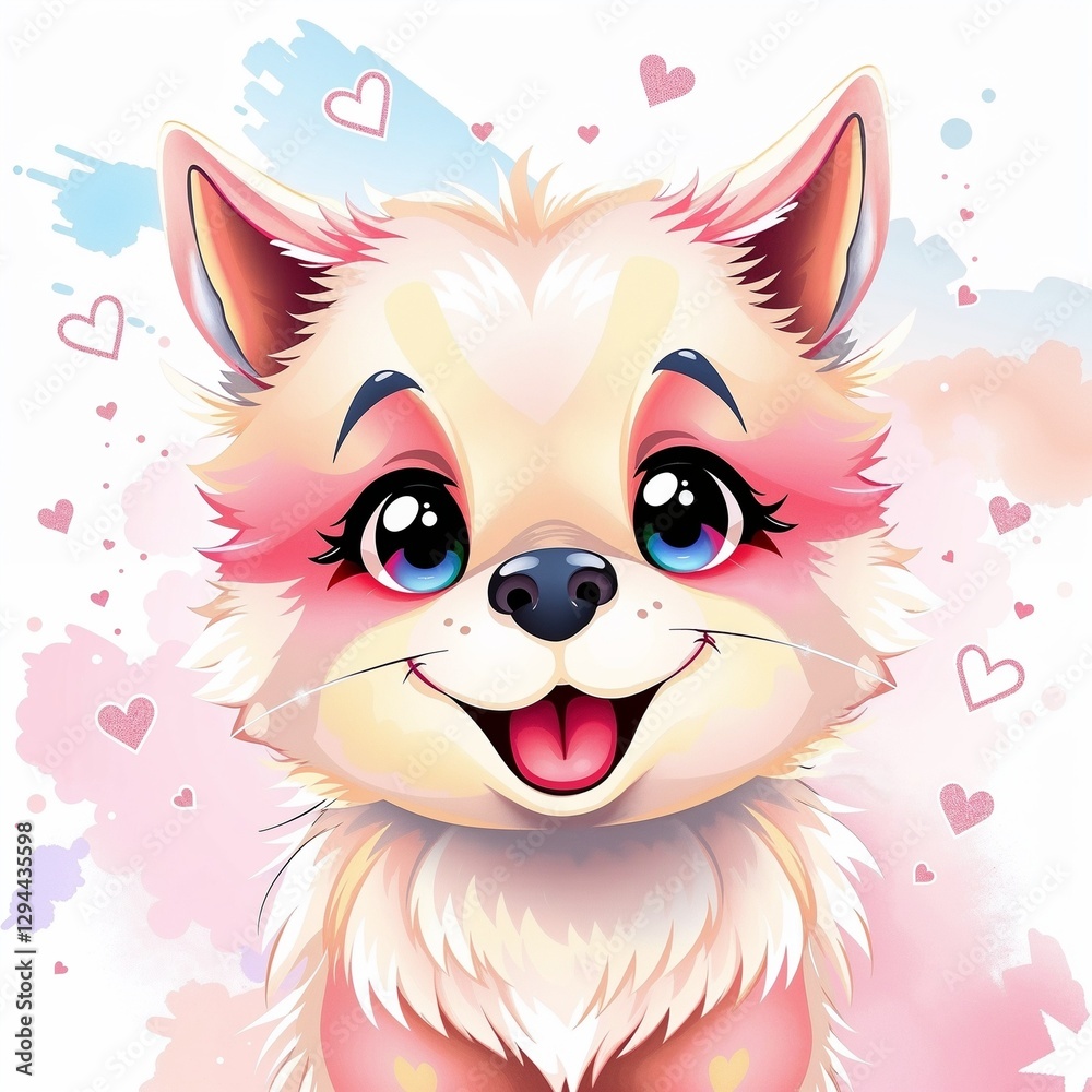 Fototapeta premium Adorable Smiling Puppy with Pastel Fur and Hearts on a Cute Background