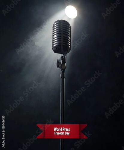 Vintage Microphone Under Dramatic Spotlight Symbolizing Free Speech and Media Rights on World Press Freedom Day photo