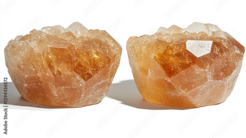 Two faceted amber crystals, studio shot, isolated on white background. Possible use spiritual or home decor Two faceted amber crystals, studio shot, isolated on white background. Possible use spiritual or home decor