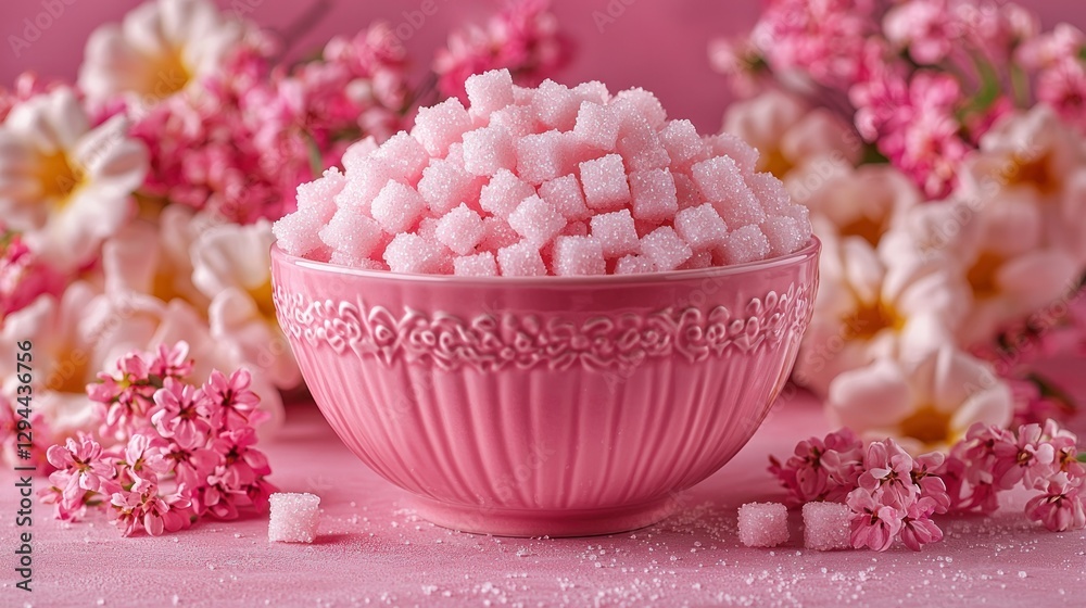 Pink sugar cubes in a decorative bowl, surrounded by pink flowers Pink sugar cubes in a decorative bowl, surrounded by pink flowers