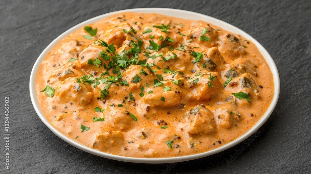A rich, creamy dish with tender chunks, garnished with fresh herbs, served on a white plate against a dark background. A rich, creamy dish with tender chunks, garnished with fresh herbs, served on a white plate against a dark background.