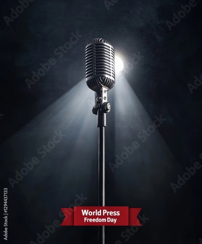 Vintage Microphone Under Dramatic Spotlight Symbolizing Free Speech and Media Rights on World Press Freedom Day photo