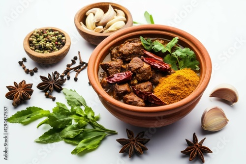 Mutton Curry with Indian Spices: Star Anise, Coriander, and Curry Leaves in Flavorful Meat Dish