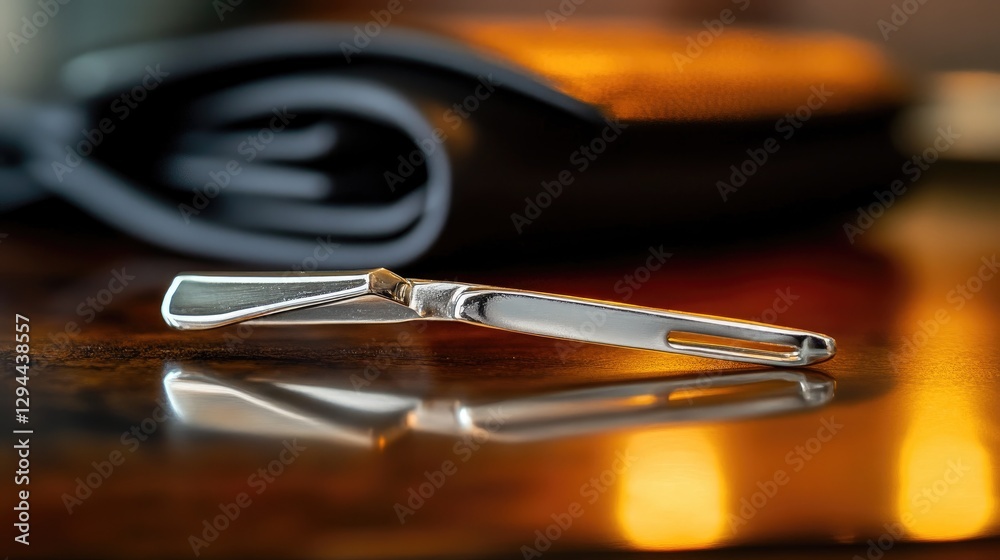 A silver tie clip diagonally positioned on a desk, illuminated by warm orange lighting A silver tie clip diagonally positioned on a desk, illuminated by warm orange lighting