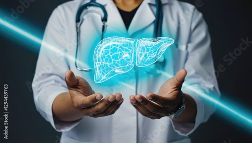 Doctor Holding 3D Hologram of Human Liver with Stethoscope