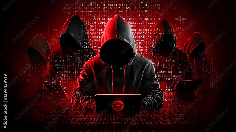 Hooded and anonymous cyber criminals hidden in the darkness surrounded by a matrix of encrypted codes and digital symbols