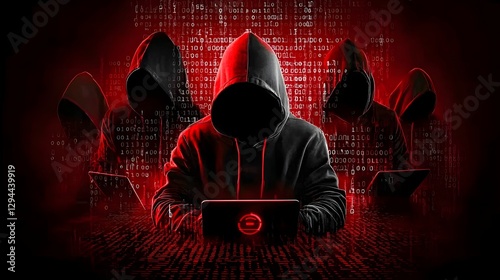 Obraz na płótnie Hooded and anonymous cyber criminals hidden in the darkness surrounded by a matrix of encrypted codes and digital symbols w salonie