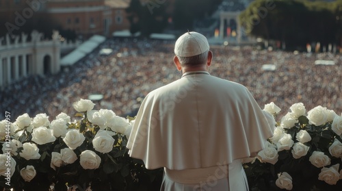 Pope standing on an elevated platform overlooking white roses in front of him and looking at a crowd below, with natural lighting and global illumination.