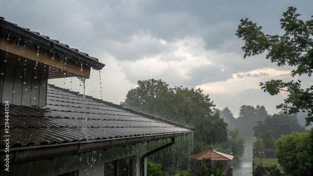Rain Falling Off Roof and Gutter Rain Falling Off Roof and Gutter