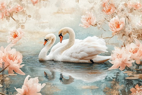 Fototapeta Naklejka Na Ścianę i Meble -  Two swans gracefully swimming on a serene lake surrounded by pink blossom flowers