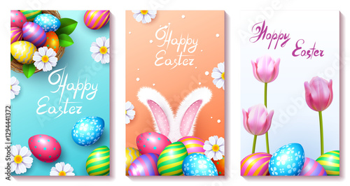 Easter template with Easter eggs and flower on background.Greetings for Easter Day