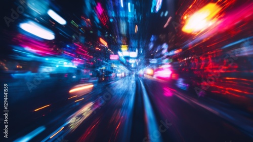 A blurry shot of a city street at night with neon lights and cars. Concept of motion and energy, as if the viewer is looking through a camera lens. The bright colors of the neon lights