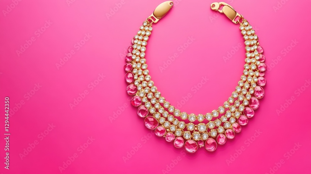 Obraz premium A statement gold bib necklace displayed against a vibrant magenta background