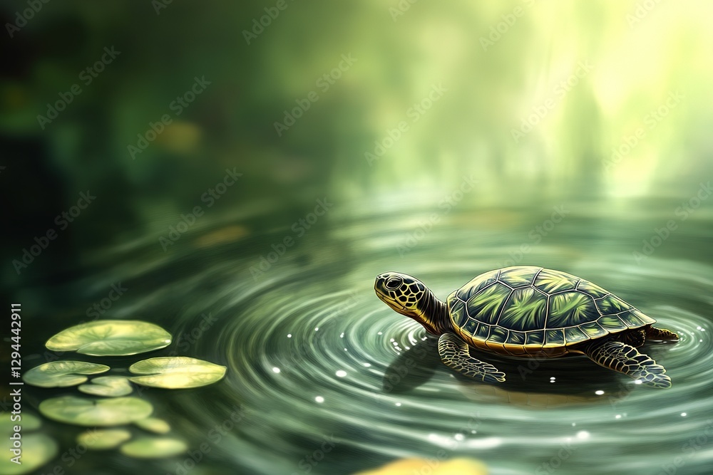 Obraz premium Turtle Swimming in Pond with Lilly Pads Surrounded by Green Foliage
