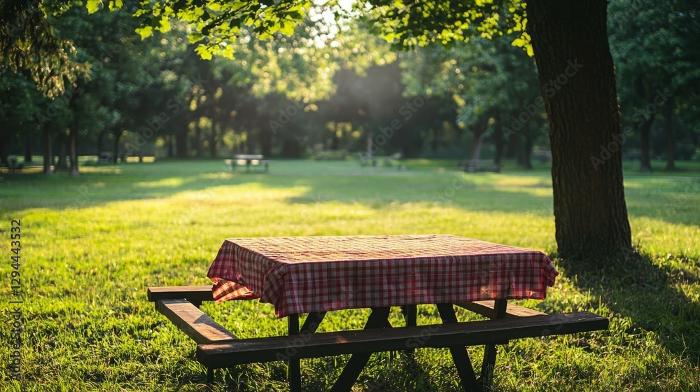 Naklejka premium Peaceful Picnic Table in Sunny Park Surrounded by Lush Greenery