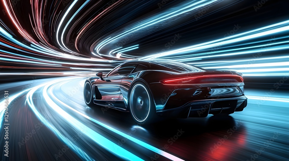 Powerful supercar accelerating on a glowing neon lit futuristic roadway its metallic body reflecting the electric energy trails surrounding it showcasing a captivating and sci fi aesthetic Powerful supercar accelerating on a glowing neon lit futuristic roadway its metallic body reflecting the electric energy trails surrounding it showcasing a captivating and sci fi aesthetic