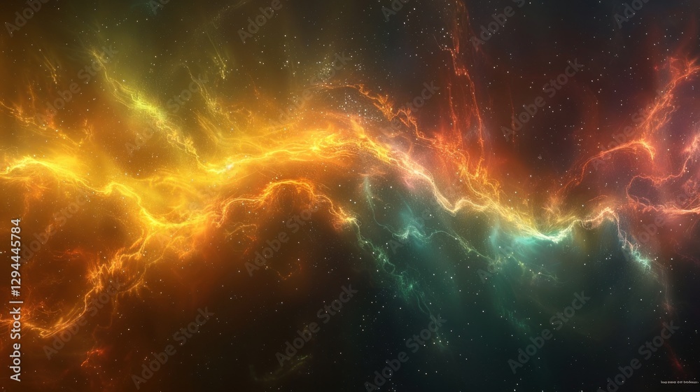 Obraz premium Vibrant auroras shimmer in space, casting colorful waves through a dreamlike atmosphere with soft ambient lighting