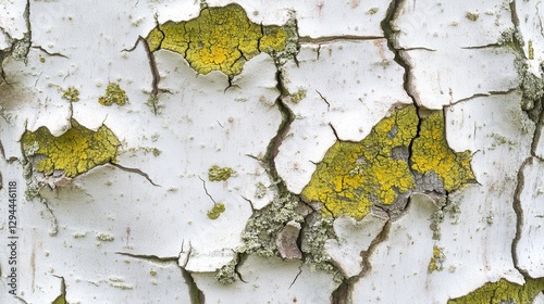 Textured White Birch Bark with Green Lichen and Cracked Surface photo