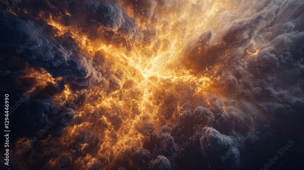 Fototapeta premium Explosive Cosmic Scene with Fiery Clouds and Bright Light Effects