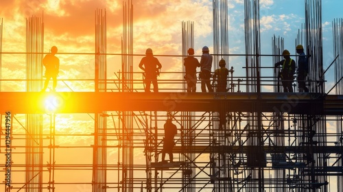 Workers Installing Steel Reinforcements at Construction Site Sunset
