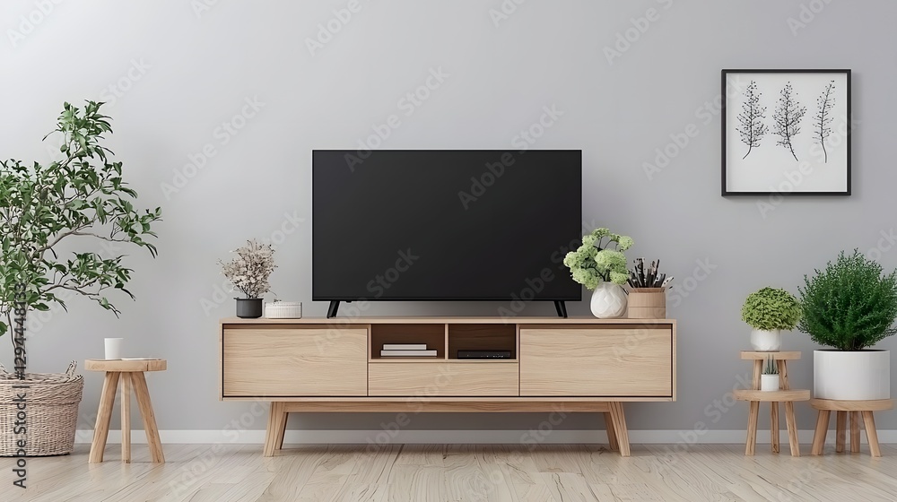 Stylish and Contemporary TV Stand with Elegant in a Neutral Toned Minimalist Home Interior Setting with an Inviting and Cozy Atmosphere Stylish and Contemporary TV Stand with Elegant in a Neutral Toned Minimalist Home Interior Setting with an Inviting and Cozy Atmosphere