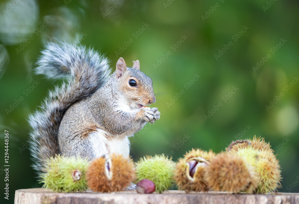 Grey squirrel eating sweet chestnut fruit in autumn