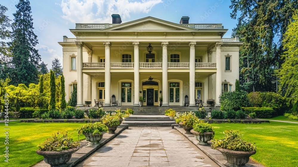 Fototapeta premium Grand Historical Mansion Surrounded by Lush Greenery and Gardens