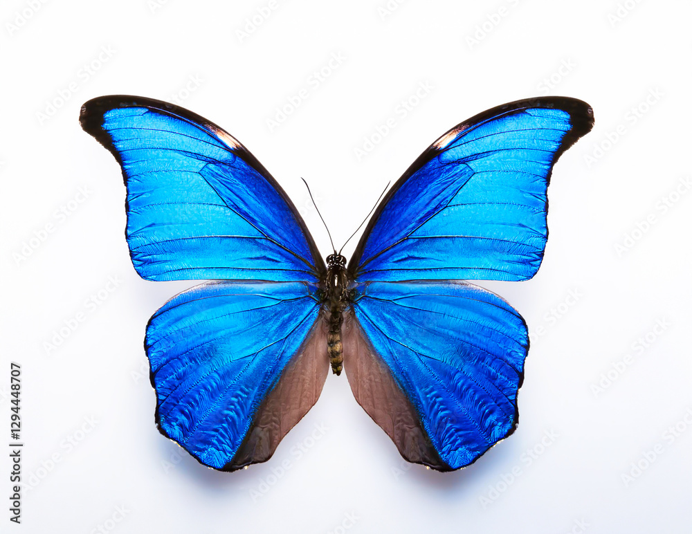 Fototapeta premium Bright blue morpho butterfly with open wings on a white background, creating a contrast with the natural background.