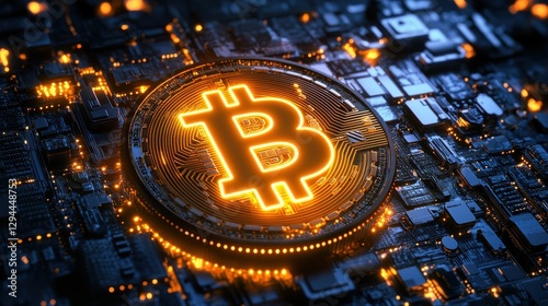 A glowing Bitcoin symbol prominently displayed on a circuit board, representing the fusion of cryptocurrency and technology. photo