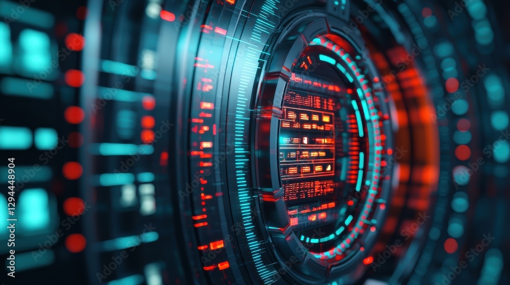 A vibrant, futuristic digital interface with circular patterns and glowing lights in red and blue, suggesting advanced technology and data visualization. A vibrant, futuristic digital interface with circular patterns and glowing lights in red and blue, suggesting advanced technology and data visualization.