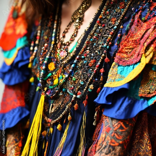 Close-up view of a person wearing a richly adorned, multicolored garment featuring intricate beadwork, embroidery, and layered necklaces photo