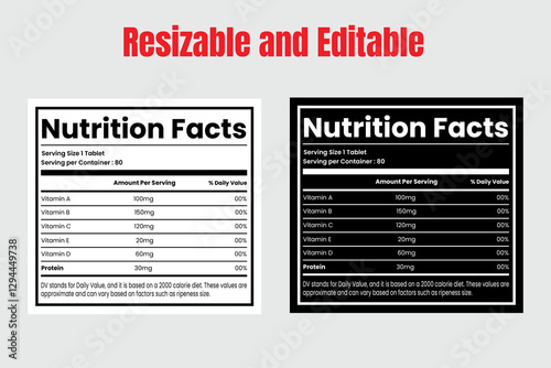 Nutrition facts template design ,Supplement facts and vitamin facts template,  fats and diet calories list for fitness healthy dietary supplement, protein sport nutrition facts American standard.