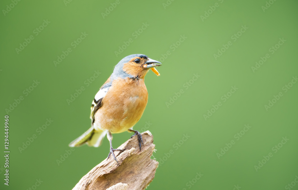 Obraz premium Portrait of a common chaffinch perched on a tree branch with a worm in its beak