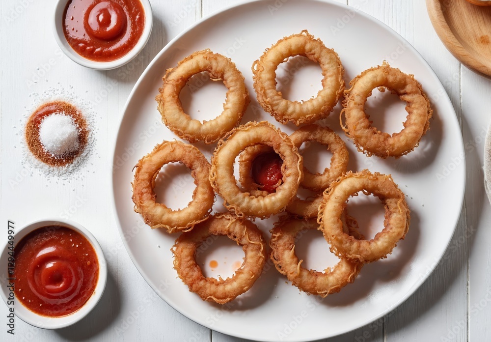 deep fried crispy onion rings on white plate on white wooden table with tomato sauce, seasoning and salt, horizontal view from above, flat lay, close-up deep fried crispy onion rings on white plate on white wooden table with tomato sauce, seasoning and salt, horizontal view from above, flat lay, close-up