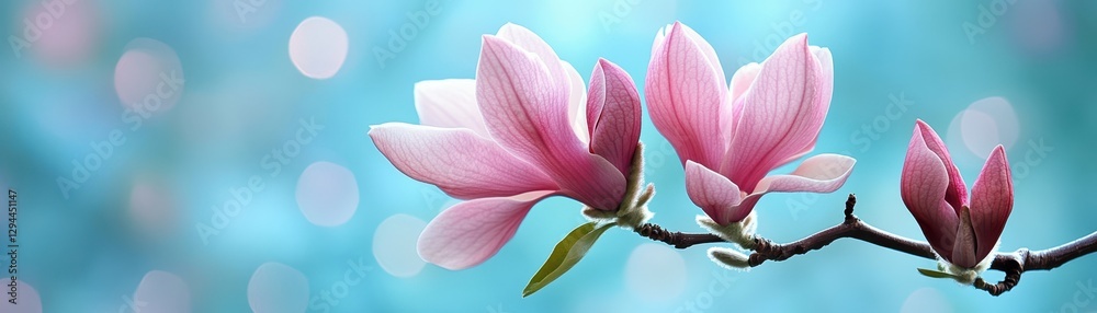 Fototapeta premium Two delicate pink flowers bloom vibrantly on a slender branch, set against a soft, serene blue background.