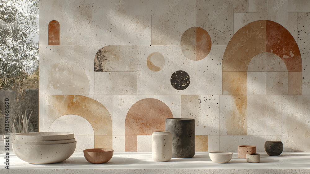 Fototapeta premium Modern ceramic bowls arranged on a table with textured wall featuring abstract shapes and earthy tones in sunlight.