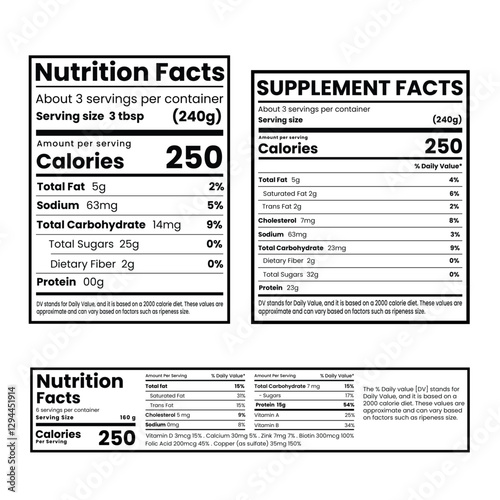 Nutrition facts template design ,Supplement facts and vitamin facts template,  fats and diet calories list for fitness healthy dietary supplement, protein sport nutrition facts American standard.