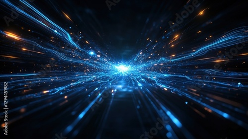 Abstract technology background with glowing lines and blue light streaks radiating in a digital environment