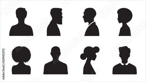 Diverse Black Silhouettes Profile and FullFace Views, Male and Female
