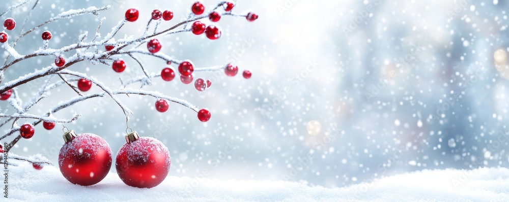 Two vibrant red ornaments hang on a snowy branch adorned with bright red berries. Two vibrant red ornaments hang on a snowy branch adorned with bright red berries.
