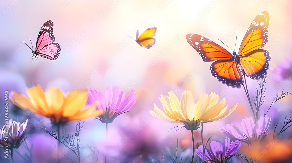 Dreamy and vibrant cosmos flower field with delicate butterflies fluttering under the warm golden summer sunlight a serene and magical natural landscape with a soft focus ethereal effect Dreamy and vibrant cosmos flower field with delicate butterflies fluttering under the warm golden summer sunlight a serene and magical natural landscape with a soft focus ethereal effect