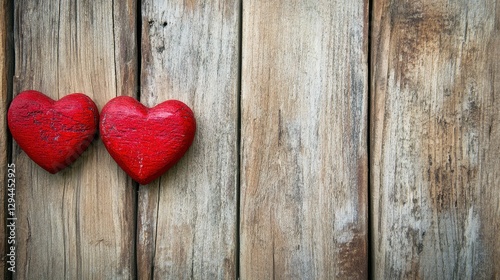 Two vibrant red hearts are beautifully arranged on a rustic wooden surface.