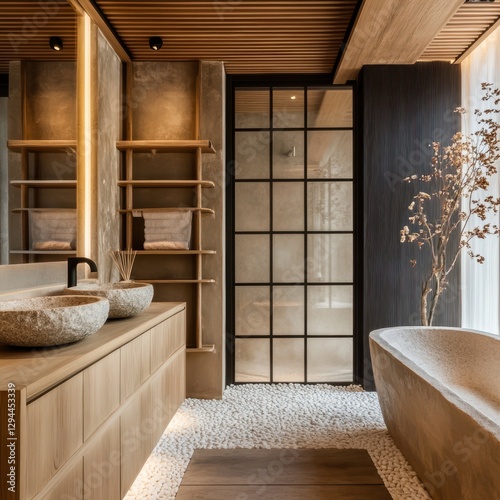 A bathroom features a modern style with a wooden ceiling photo