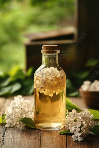 Glass Bottle Filled with Liquid and Flowers