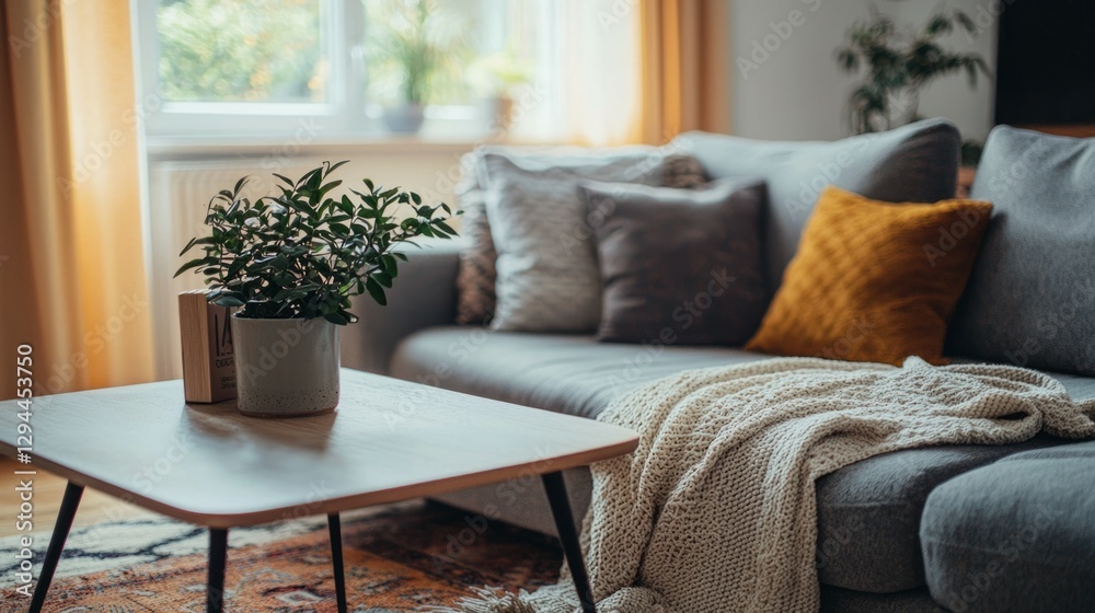 Naklejka premium Cozy Living Room with Soft Couch, Decorative Pillows and Plants