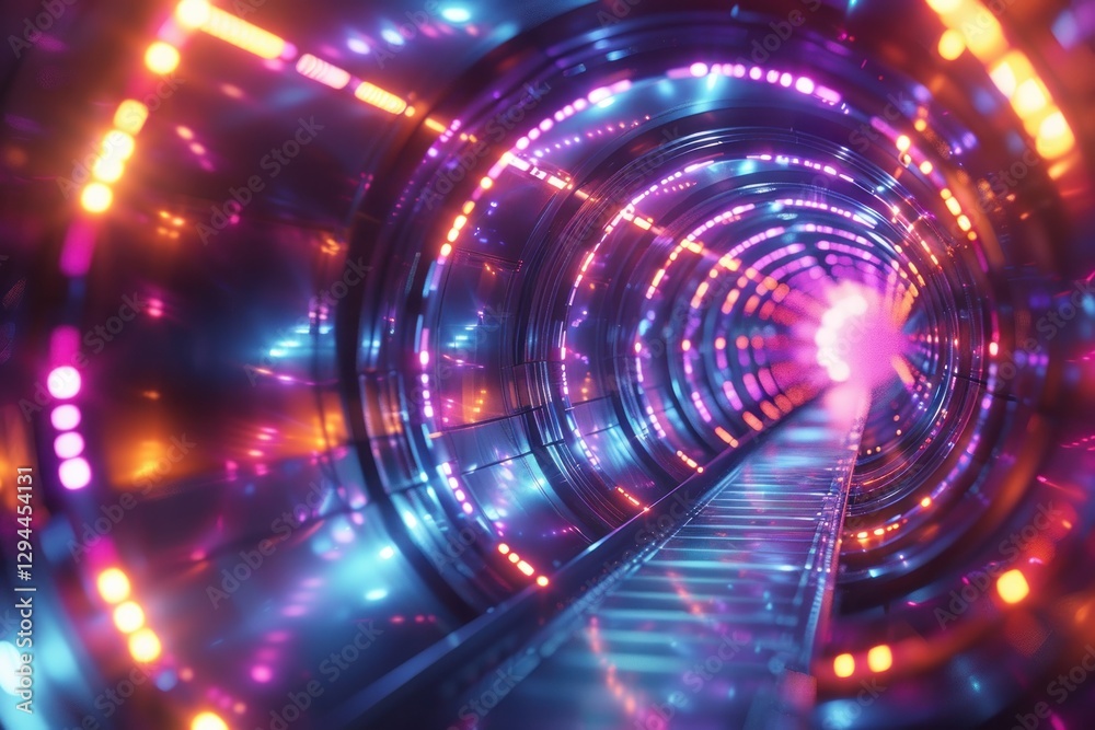 Fototapeta premium Vibrant neon blues and purples create a cylindrical light pathway, inviting viewers into a surreal hyperspace journey
